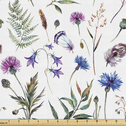 Thistle Fabric by The Yard, Summer Wildflowers as Cornflower Willow Branch and Bell in Aquarelle Style Print, Decorative Fabric for Upholstery and Home Accents, 3 Yards, Multicolor