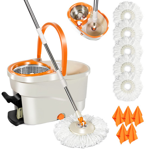 Mop and Bucket with Wringer Set, Spin Mops with Bucket and Foot Pedal, 360 Spin Mop and Bucket with 5 Microfiber Mop Pads and 5 Cleaning Cloth