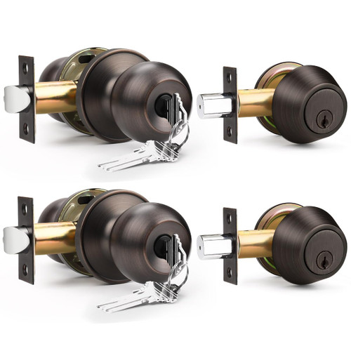 Entry Door Locksets with Single Cylinder Deadbolt, 2 Pack Oil Rubbed Bronze Exterior Door Lock Set with Same Key, Front Roound Door Knob and Deadbolt Set