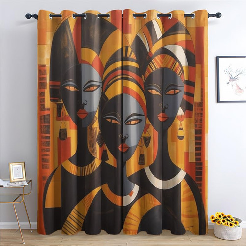 African Women Curtains for Bedroom Living Room, Tribal Ethnic Blackout Curtains 72 Inch Length 2 Panels Set, Thermal Insulated Grommet Drapes, Decorative Patterned Window Treatments 52x72