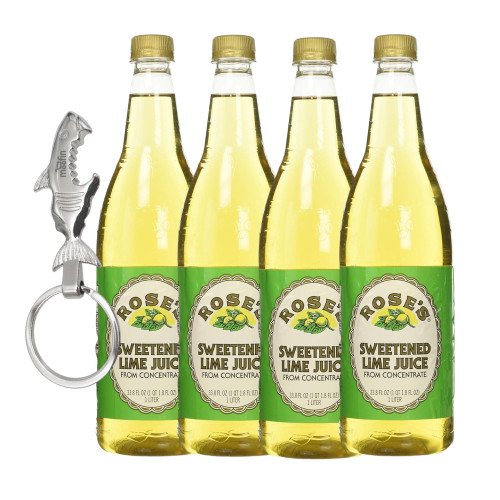 Rose's Lime Juice, Freshly Squeezed Zest, Sweetened, Perfect for Cocktails, with Silver SS Bottle Opener Keychain, Citrus Bliss for Recipes, 1 Liter (33.8 Fluid Ounces) Plastic Bottle, 4-Pack