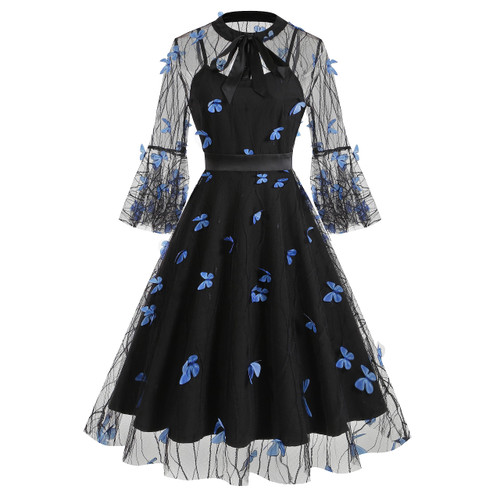 2 Piece Tie Neck Butterfly Embroidery Dress for Women Sheer Mesh Butterfly Dress 3/4 Bell Sleeve Tulle Prom Dress Short Butterfly Embroidered Dress Illusion Cocktail Party Dresses Blue-Butterfly M