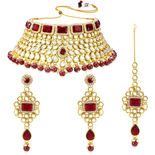 Rani Padmavati Kundan Faux Pearl Choker Necklace with Earrings Maang Tikka for Women Girls Traditional Jewelry set Maroon Rani Padmavati Kundan Faux Pearl Choker Necklace with Earrings Maang Tikka for Women Girls Traditional Jewelry set Maroon