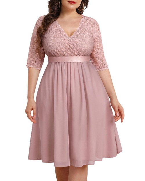Plus Size Pink Dresses Women Cocktail Wedding Guest Semi-Formal Dusty Rose Bridesmaid Party Wrap V Neck Lace Chiffon Dress