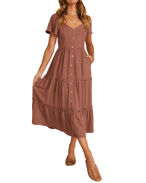 Spring Dresses for Women 2024 Casual Soft Linen Button Short Sleeve Midi Dress V Neck Ruffle Tiered Flowy A Line Long Dresses Maternity Dress Fashion Clothes(Brick Red, Medium)