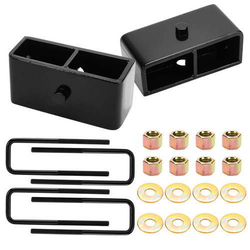 2" Rear Leveling Lift Kits Block Kit Compatible with 2WD 4WD Chevy Silverado 1500 1999-2019, GMC Sierra 1500 1999-2020 2pc Rear Lift Block with 4pc Extended Square Leaf Spring Ubolts