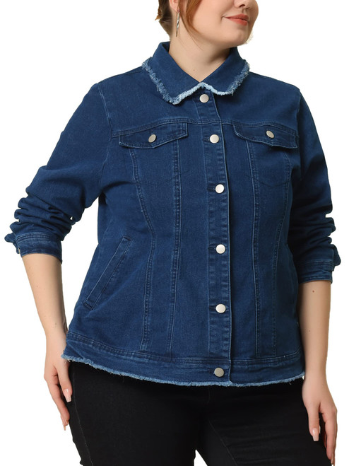 Plus Size Denim Jackets for Women Frayed Hem Classic Washed Jean Jacket 2X Mid Blue