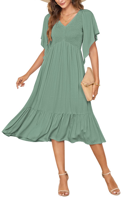 Women's 2024 Summer Dresses Empire Waist Smocked Flutter Short Sleeve V Neck Midi Dresses Gray Green Large