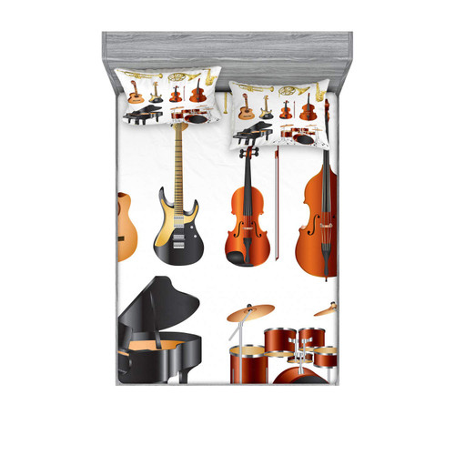 Music Fitted Sheet & Pillow Sham Set, Musical Instruments Symphony Orchestra Concert Composition Theme Colorful Pattern, Decorative Printed 3 Piece Bedding Decor Set, Full, Multicolor