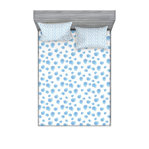 Shells Fitted Sheet & Pillow Sham Set, Moon Shell Inspired Vortex Shape Aquatic Watercolor Painting Design, Decorative Printed 3 Piece Bedding Decor Set, Full, Pale Blue White and Blue