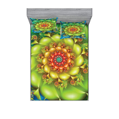 Trippy Fitted Sheet & Pillow Sham Set, Colorful Spiral Fractal Twirling Flowers in Vivid Colors Whirlpool Image Vortex, Decorative Printed 3 Piece Bedding Decor Set, Full, Multicolor