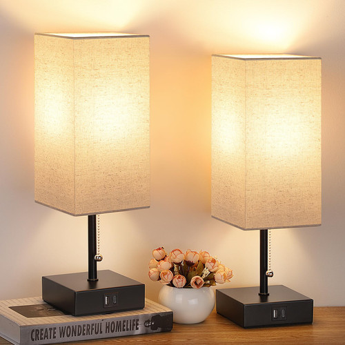 Set of 2 Bedside Table Lamp, Pull Chain Table Lamp with USB C+A Charging Ports, 2700K LED Bulb, Fabric Linen Lampshade, Nightstand Lamp for End Table Livingroom Bedroom Office Guestroom