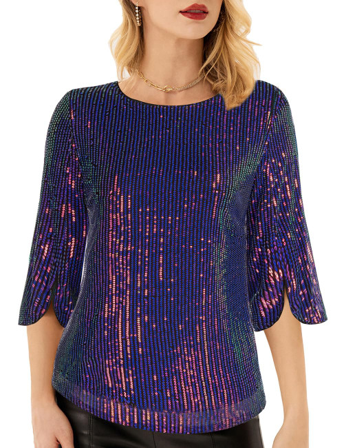Women's Sparkle Sequin Party Blouse Tops Shimmer Glitter 3/4 Slit Sleeve Dressy Tops Blue Purple