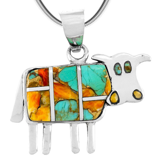 Turquoise Cow Pendant Necklace 18" Sterling Silver 925 Genuine Gemstones (Spiny Turquoise)