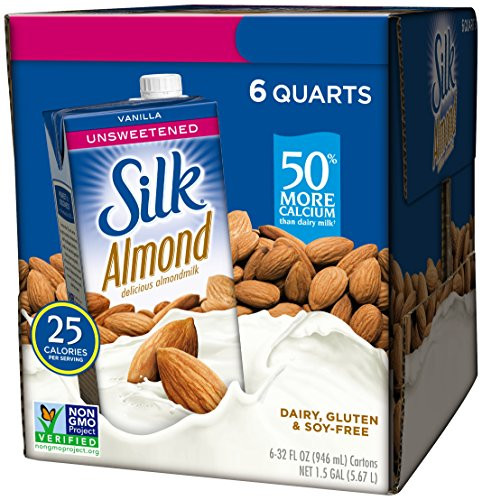 Silk Almond Milk, Unsweetened Vanilla, 32 Fluid Ounce (Pack of 6), Vanilla Flavored Non-Dairy Almond Milk, Dairy-free Milk