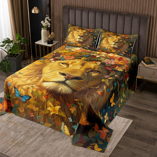Wild Lion Coverlet Set Twin Size Spring Flowers Bedspread African Lion Animal Quilted for Kids Teens Bedroom Decor Watercolor Butterfly Bedspread with 1 Pillowcase
