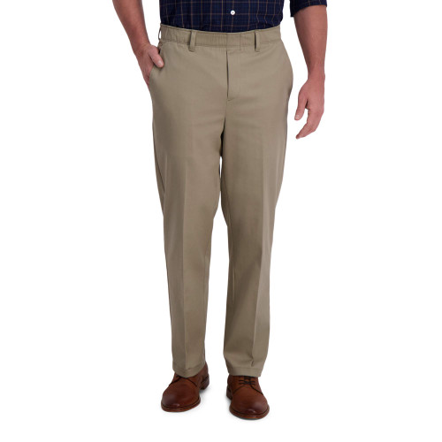 Men's Iron Free Premium Classic Fit Flat Front Expandable Waist Casual Pant Regular and Big & Tall Sizes, Medium Khaki, 36W x 34L