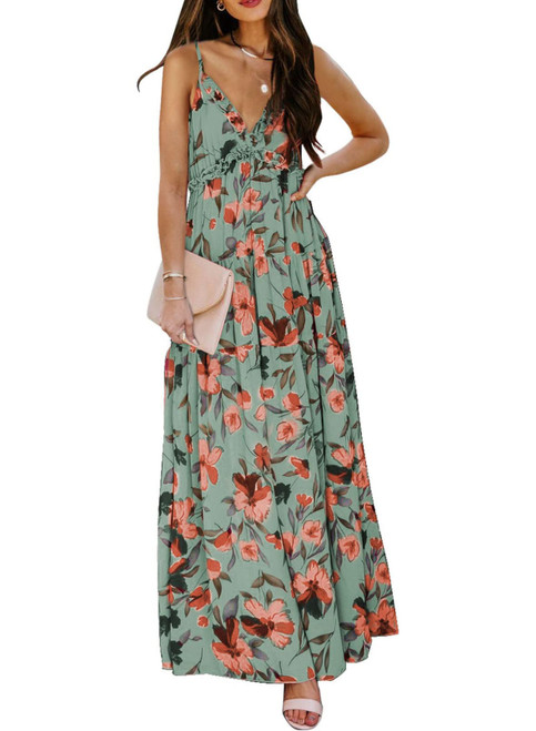 Women's Casual Boho Floral Printed Deep V Neck Loose Sleeveless Long Evening Dress Ruched Cocktail Party Maxi Wedding Dress Green Medium Women's Casual Boho Floral Printed Deep V Neck Loose Sleeveless Long Evening Dress Ruched Cocktail Party Maxi Wedding Dress Green Medium