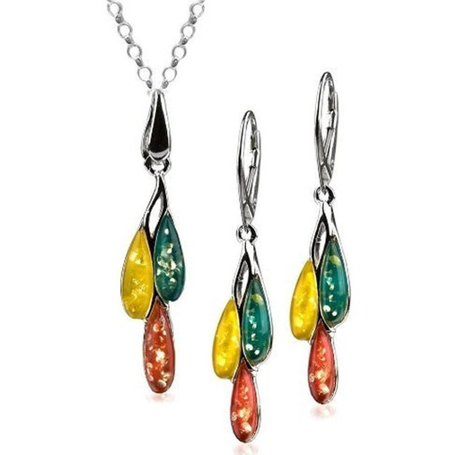 Sterling Silver Multicolor Amber Dreams Pendant Necklace Earrings Set Chain 18 Inches Sterling Silver Multicolor Amber Dreams Pendant Necklace Earrings Set Chain 18 Inches