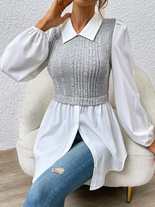 Womens Long Sleeve Blouse Colorblock Lantern Sleeve 2 in 1 Blouse Button Front Office Shirt Work Tops