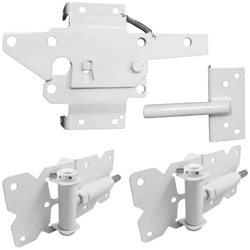 Self Closing Vinyl Fence Gate Single Gate Hardware Kit White(for Vinyl, PVC Fencing) Fence Gate Kit Includes Gate Hinges & Gate Latch w/Screws - Single Fence Gate Kit has 2 Hinges & 1 Latch