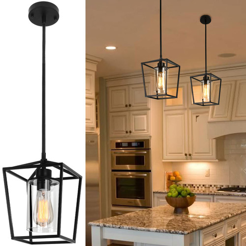 Black Pendant Light Fixture 1-Light Farmhouse Lantern Pendant Light Iron Cage Hanging Light with Clear Glass Shade for Kitchen Island Entryway Dining Room Hallway Porch Black Pendant Light Fixture 1-Light Farmhouse Lantern Pendant Light Iron Cage Hanging Light with Clear Glass Shade for Kitchen Island Entryway Dining Room Hallway Porch