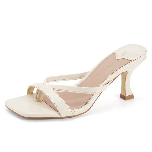 Womens Square Open Toe Mules Sandals Slides Thong Stiletto Low Nude Heels Backless Slip on Slippers Shoes Size 8