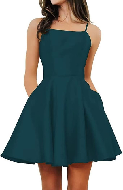 Spaghetti Strap Homecoming Dresses for Teens 2024 Satin Short Junior Prom Dresses with Pockets Teal