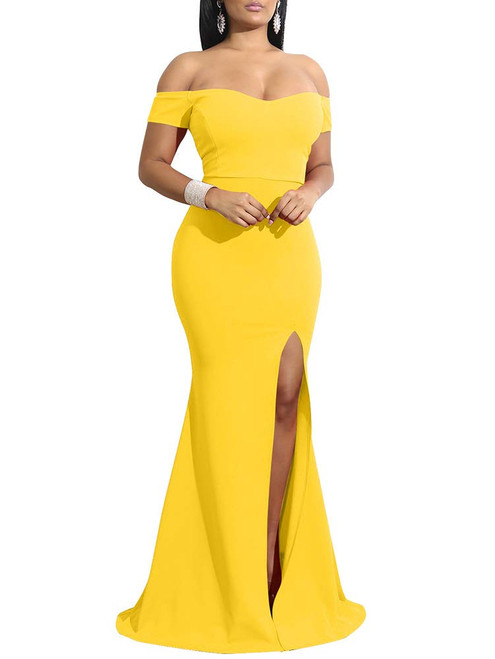 Women's Off Shoulder High Split Long Formal Party Dress Evening Gown Yellow, X-Large Women's Off Shoulder High Split Long Formal Party Dress Evening Gown Yellow, X-Large