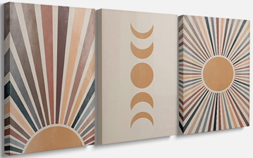 Sun and Moon Wall Art Set of 3 Colorful Sunburst Art Prints Terracotta Burnt Orange Boho Wall Art Mid Century Modern Wall Decor Framed Boho Prints Minimalist Home Decor Boho Wall Decor for