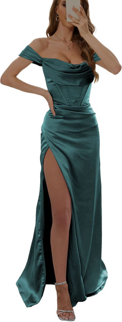 Satin Mermaid Prom Dresses with Slit Off The Shoulder Semi Formal Dresses for Women Evening Party Gown Size 8 Teal