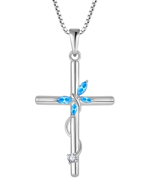Cross Butterfly Pendant for Women, 925 Sterling Silver Necklace with Created Aquamarine Birthstone Jewelry Gifts for Women Cross Butterfly Pendant for Women, 925 Sterling Silver Necklace with Created Aquamarine Birthstone Jewelry Gifts for Women