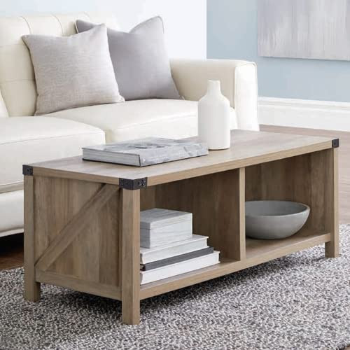 2-Tier Farmhouse Coffee Table with Shelf,Sofa Center Table, Wood Coffee Table for Living Room