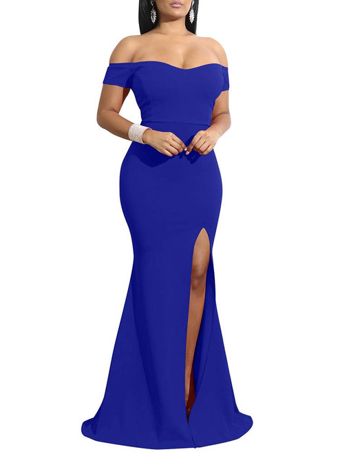 Women's Off Shoulder High Split Long Formal Party Dress Evening Gown Royal Blue Women's Off Shoulder High Split Long Formal Party Dress Evening Gown Royal Blue