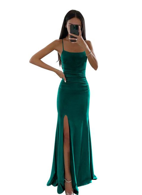 Corset Prom Dresses for Women 2024 Teal Ruched Satin Formal Bridesmaid Dress with Slit Size 2