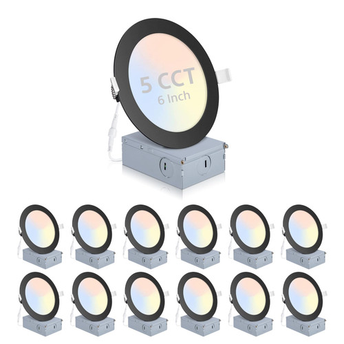 12Pack 6 Inch 5CCT Ultra-Thin LED Recessed Ceiling Light with Junction Box, 15W 1200lm Canless Wafer Downlight ETL Energy
