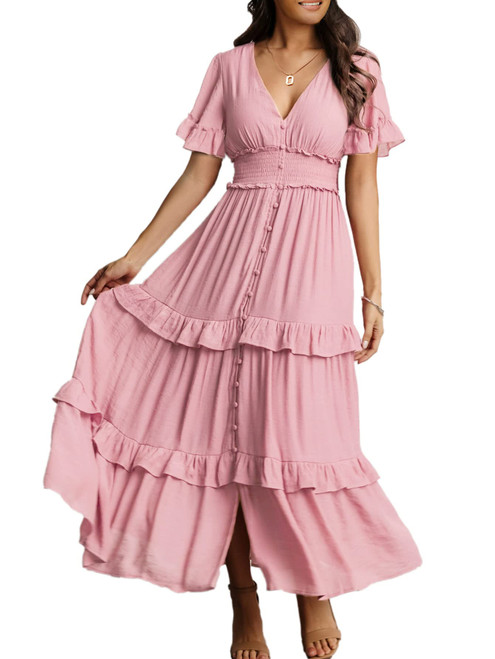 Women's V Neck Summer Boho Maxi Dress Wedding Guest Tiered Ruffle Sleeve Long Flowy Dresses (Pink M)