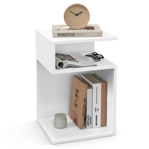 S-Shaped Side Table, 3 Tier Wood End Table with Open Storage Shelves, Anti-Slip Foot Pads, Modern Accent Bedside Nightstand, Narrow Side Table for Small Spaces Living Room Bedroom (1, White)