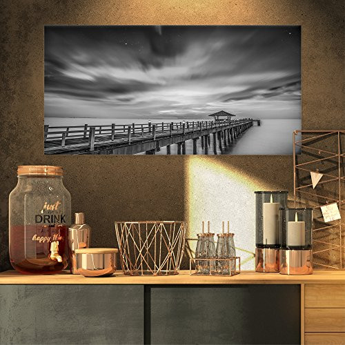 Designart PT10587-32-16 Black and White Wooden Bridge and Sky-Sea Pier Wall Art Canvas Print-32X16, 32x16 Blue