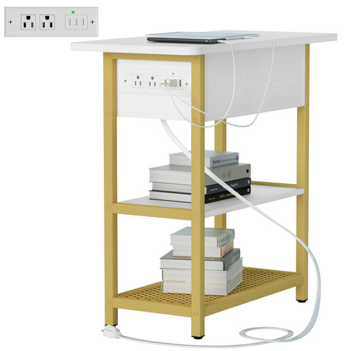 End Table with Charging Station, Narrow Side Table with 5 USB Ports & Outlets, Flip Top Nightstand for Small Space, Bedside Table with Storage Shelf for Living Room/Bedroom, White