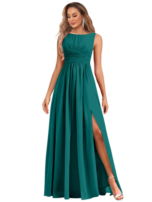 Chiffon Teal Bridesmaid Dress Long with Slit Ruched A Line Formal Evening Party Gowns Size 10 Chiffon Teal Bridesmaid Dress Long with Slit Ruched A Line Formal Evening Party Gowns Size 10