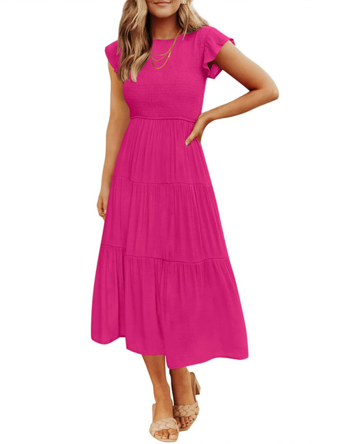 Women's 2024 Summer Casual Flutter Short Sleeve Crew Neck Smocked Elastic Waist Tiered Midi Dress,Rose,Small