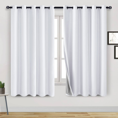 Wide 100% Blackout Curtains for Living Room Thermal Insulated Light Blocking Full Room Darkening Noise Reducing Grommet Top 2 Panels Curtain (White,70" W x 63" L)