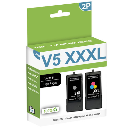 High Capacity 3XL Replacement Ink Cartridge ReManufactured for Kodak Verite 5 V50, V55, V55W Eco, V55 Plus, V60 Eco, V640 Eco, V64 Series, V65 Eco, V65 Plus (1 Black/1 Tri-Color, 2 Pack)