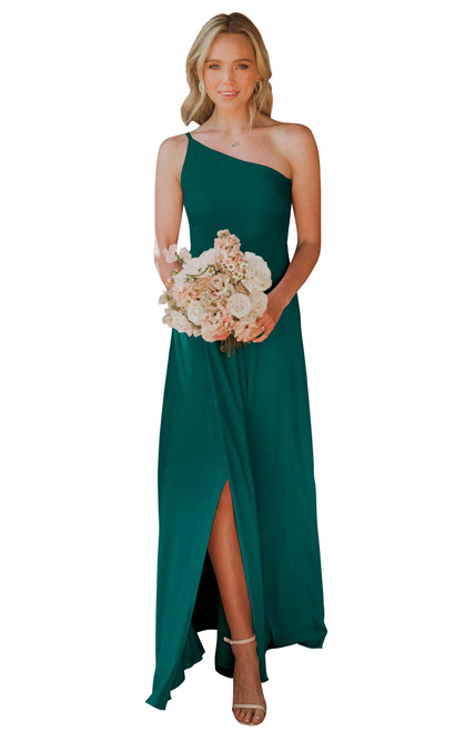 Chiffon Bridesmaids Dresses for Women Long Side Slit One Shoulder A-Line Formal Wedding Gown with Pockets Teal Size 10