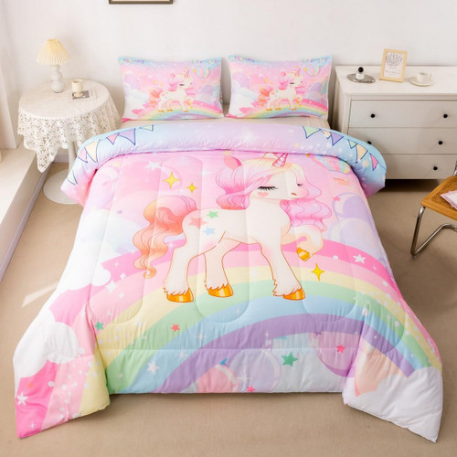 Unicorn Girls Bedding Set Full Rainbow Kids Pink Unicorn Comforter Set Kawaii Cute Reversible Stars Quilt Comforter Teens Children Adults Cartoon Unicorn Room Decor All Season