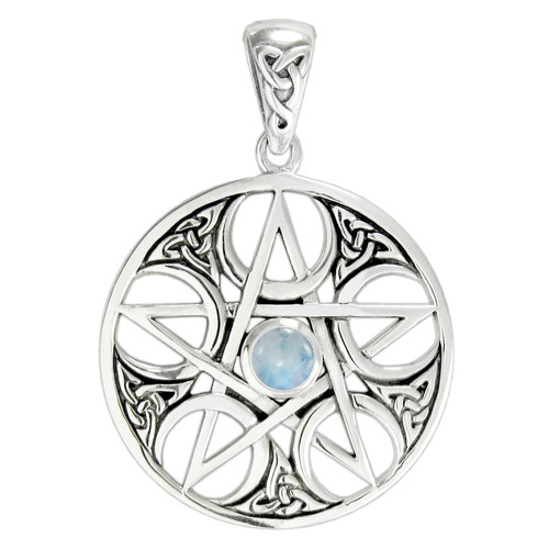 Sterling Silver Celtic Knot Pentacle Pendant with Rainbow Moonstone Gemstone
