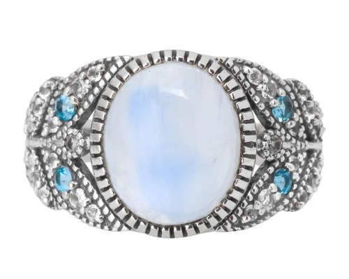 Rainbow Moonstone Swiss Blue Topaz 925 Sterling Silver Designer Ring Jewelry