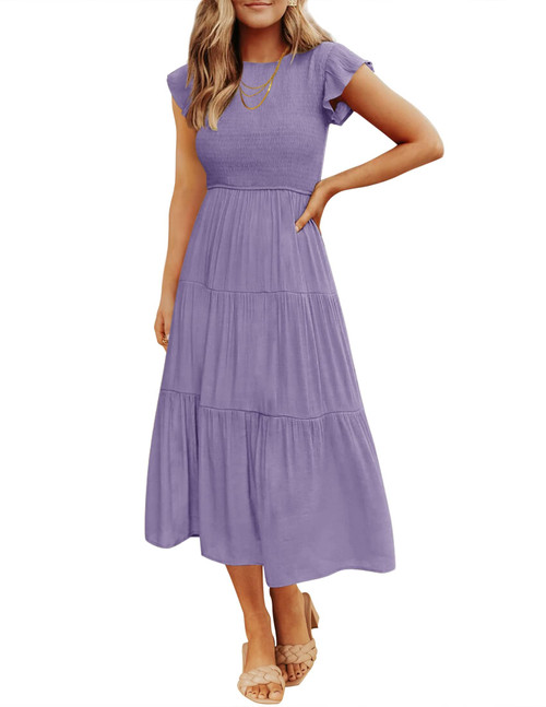 Women's 2024 Summer Casual Flutter Short Sleeve Crew Neck Smocked Elastic Waist Tiered Midi Dress,Violet,Small