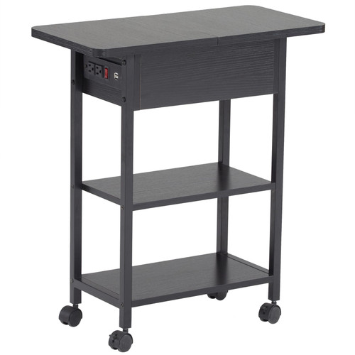 End Table with Charging Station Flip Top Narrow Side Table with USB Ports & Outlets Small Bedside Table with Storage Shelves for Small Space, Living Room, Bedroom, Office, Black